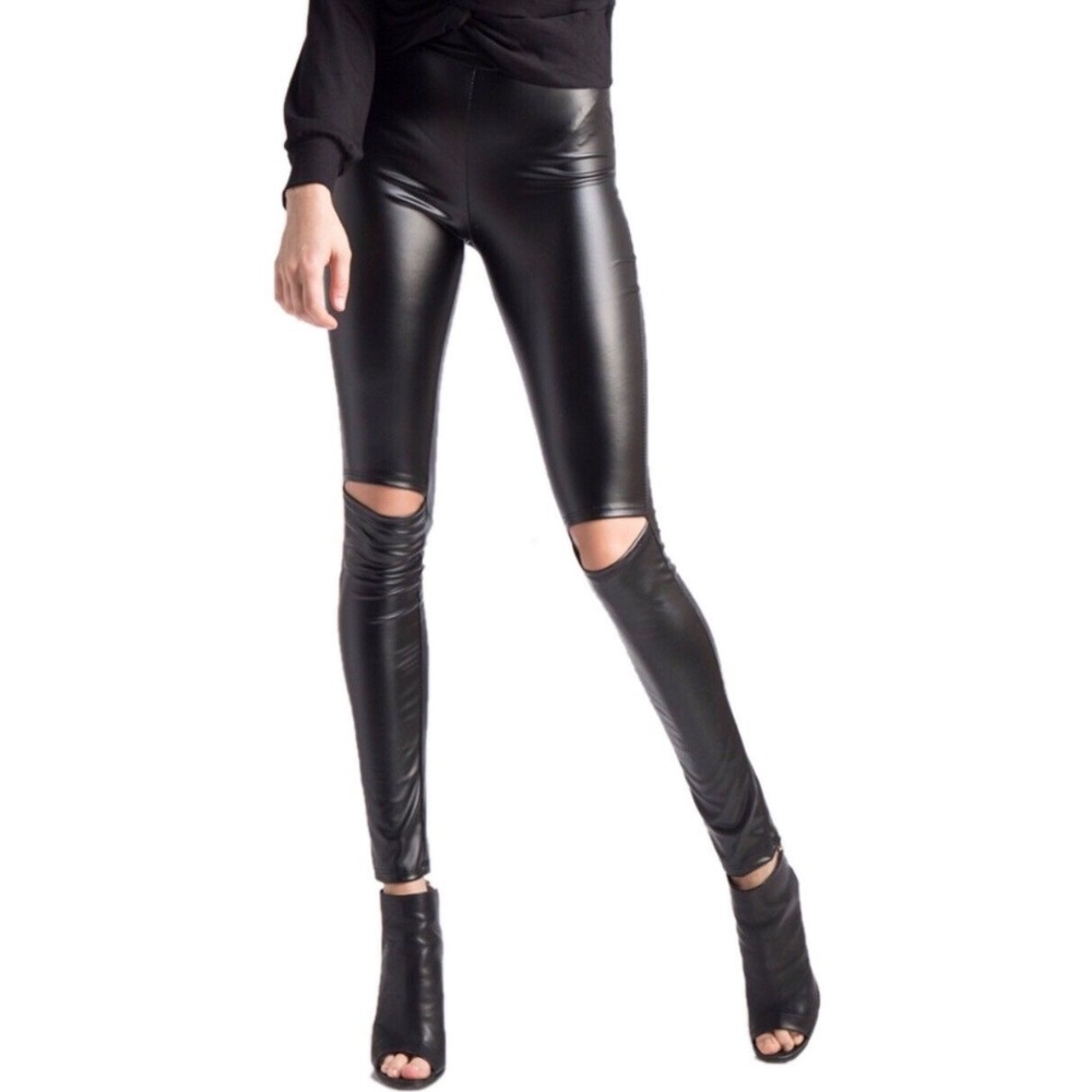 IWA42/43 - Black Cutout Knee Faux Leather Leggings